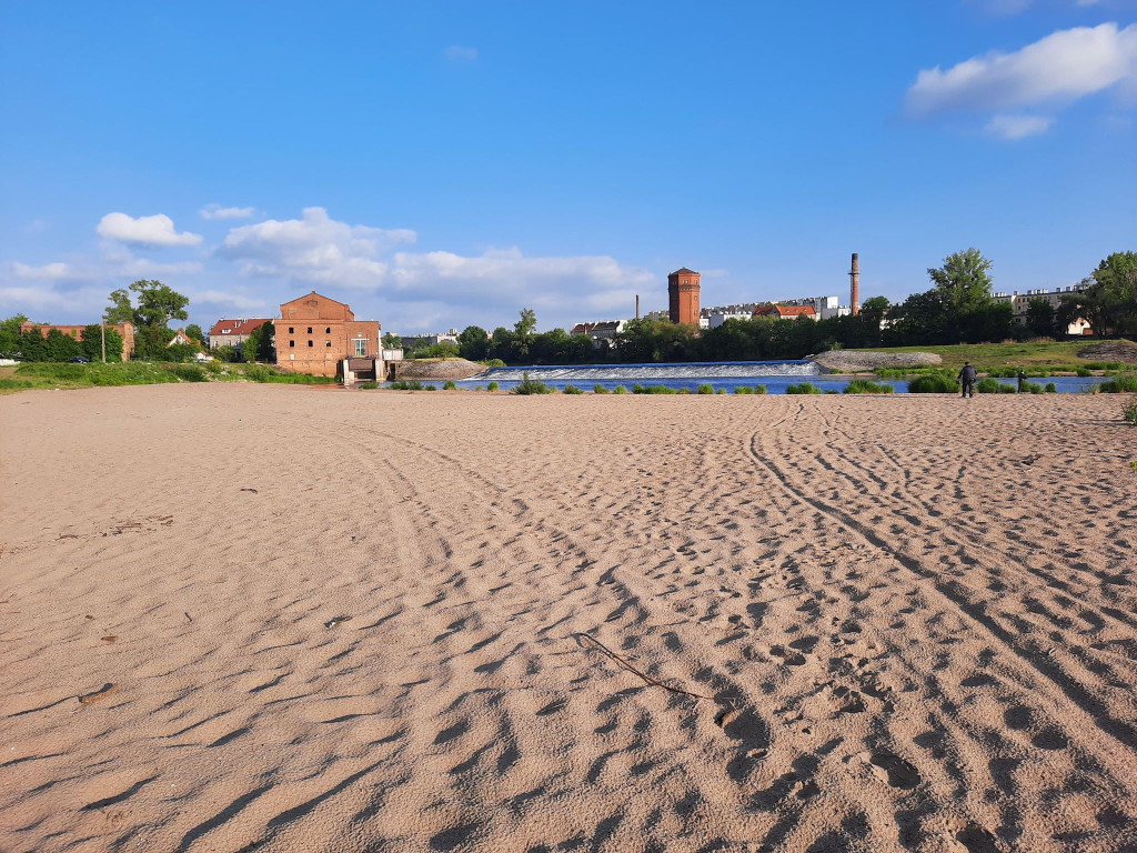 Muszelki, dwie osoby i kamieni kupa. Burmistrz Wrębiak zachęcał do wypoczynku na plaży nad Odrą, a więc poszliśmy zobaczyć jak jest