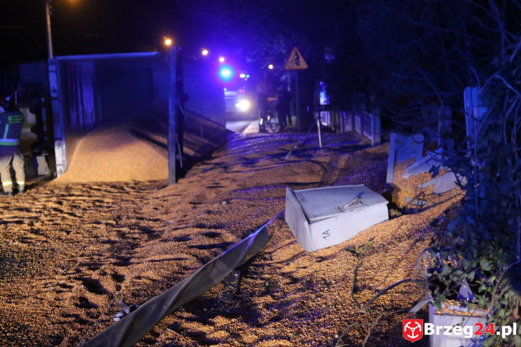 Utrudnienia na DK 39 w Michałowicach. Przewróciła się ciężarówka z ładunkiem kukurydzy