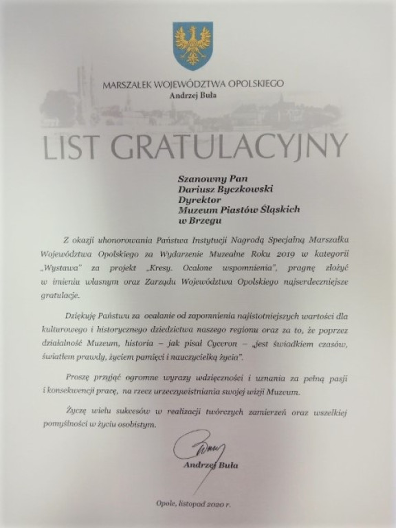 Wystawa kresowa Muzeum Piastów Śląskich otrzymała specjalną nagrodę Marszałka Województwa