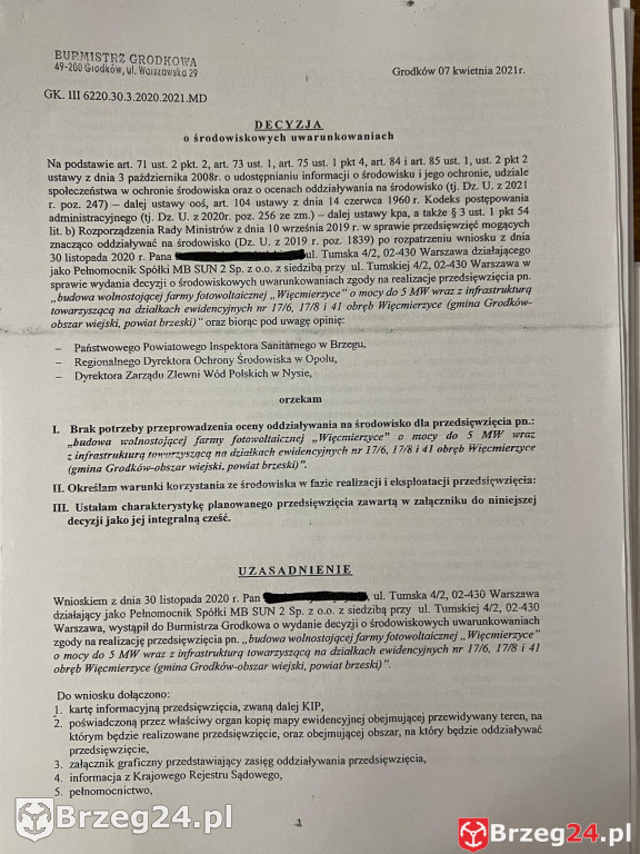 Decyzje na farmy fotowoltaiczne w Grodkowie