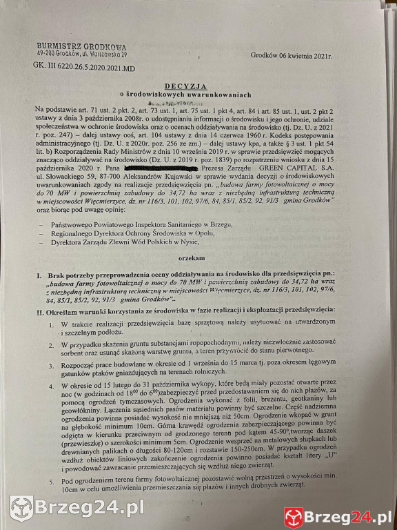 Decyzje na farmy fotowoltaiczne w Grodkowie