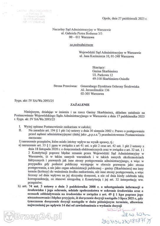 Sprawa obwodnicy Brzegu  trafiła do NSA