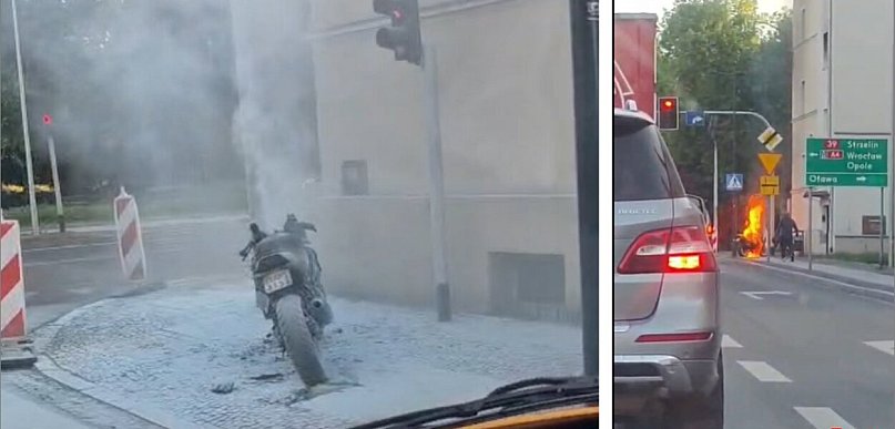 Płonący motor widmo w centrum Brzegu. Ogień, chaos i znikający właściciel