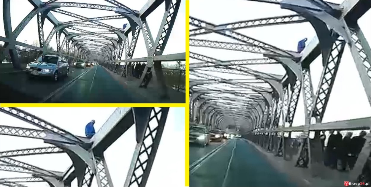 Chwile grozy nad Odrą w Brzegu. Mężczyzna na konstrukcji mostu (wideo)