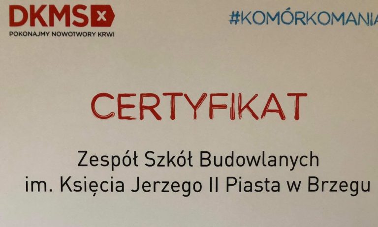 ZSB im. Księcia Jerzego II Piasta w Brzegu z certyfikatem DKMS
